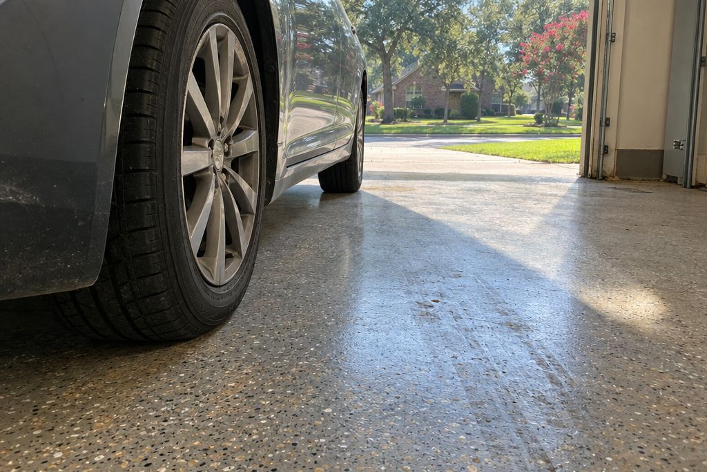 A car tire resting on a gray flake epoxy garage floor with afternoon sun coming through the open garage door across the floor