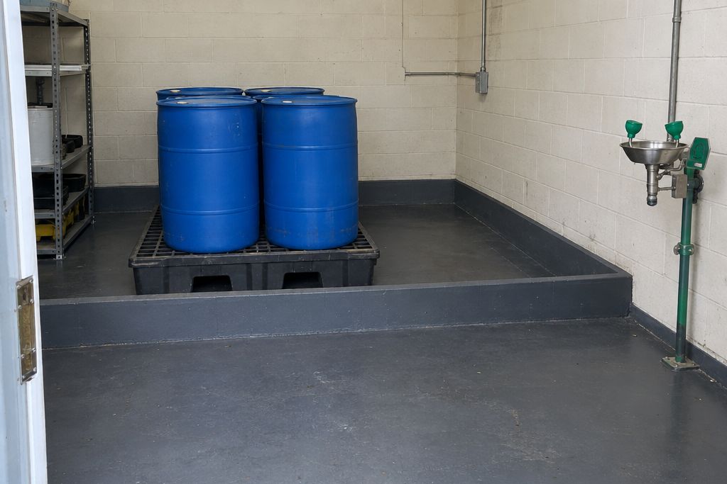 Chemical storage room with a dark gray coated floor and a coated containment curb around plain blue drums on a spill pallet