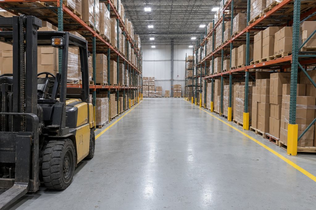 Large distribution warehouse with a light gray epoxy floor, yellow aisle stripes and tall pallet racks with plain boxes