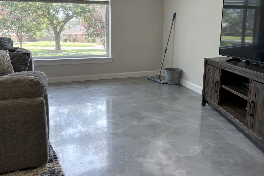 A dust mop leaning against a wall on a clean gray metallic epoxy floor in a game room