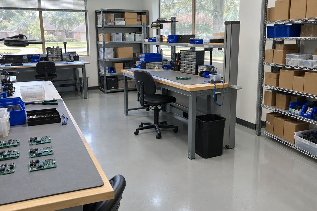 Electronics assembly room with a light gray static-dissipative epoxy floor and workbenches with plain mats