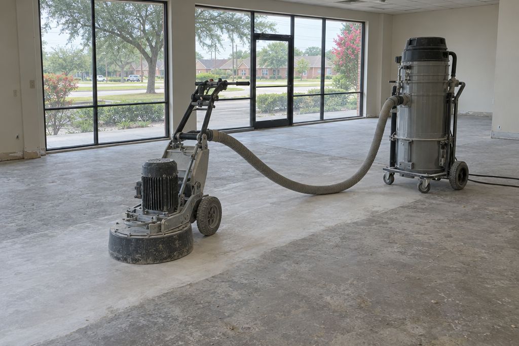 Walk-behind diamond floor grinder connected by a hose to a dust extractor vacuum on a concrete slab in an empty space