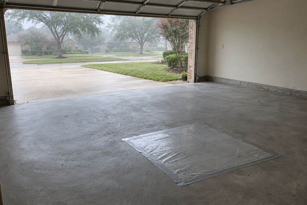 Bare diamond-ground garage slab with a square of clear plastic taped to the concrete for a moisture check, garage door open on a humid morning