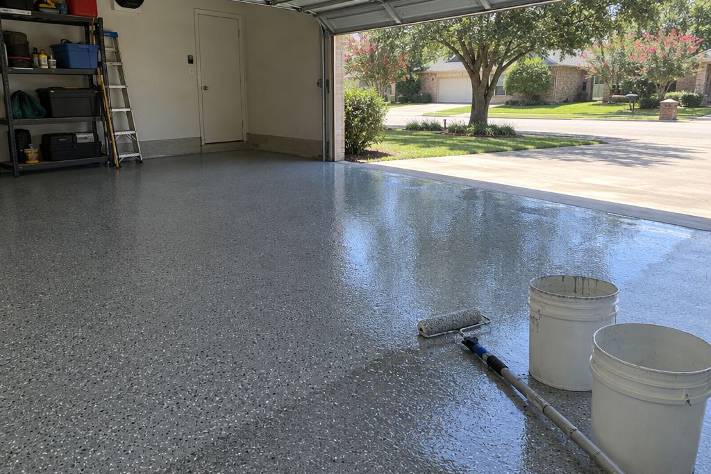 Garage floor during coating with a freshly rolled wet band of clear topcoat beside a dry band, plain buckets and a roller frame nearby