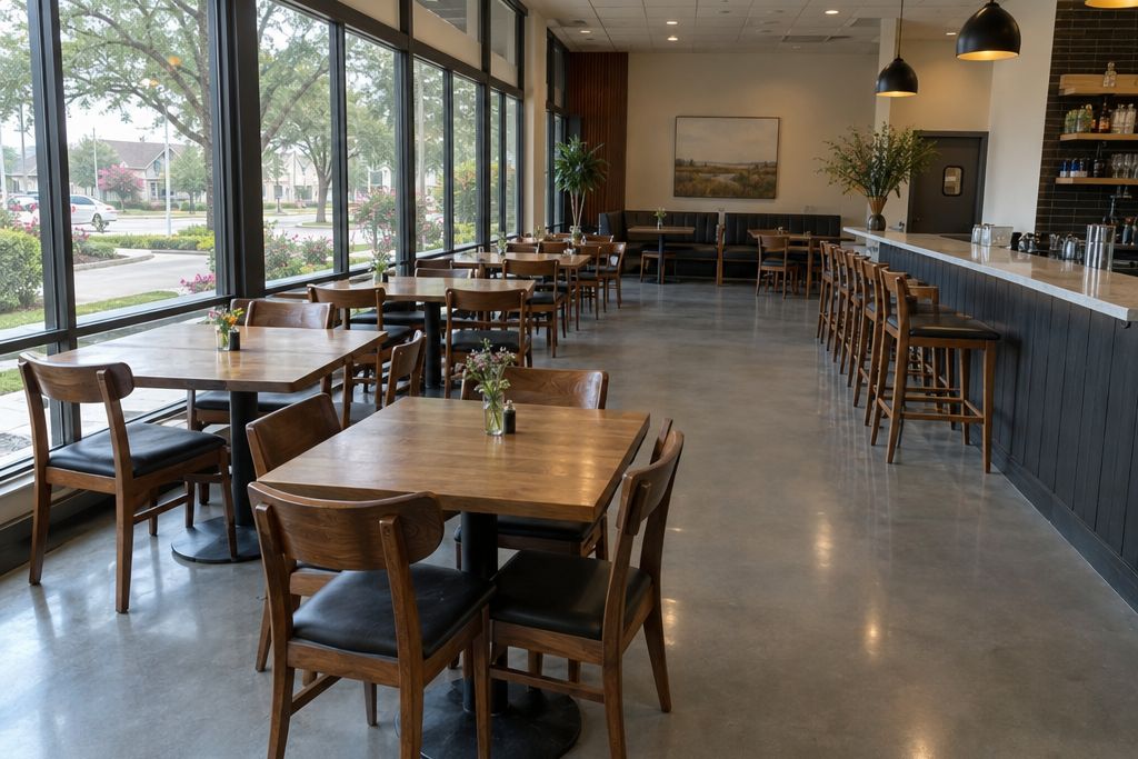 New restaurant dining room in a town center with a gray epoxy floor