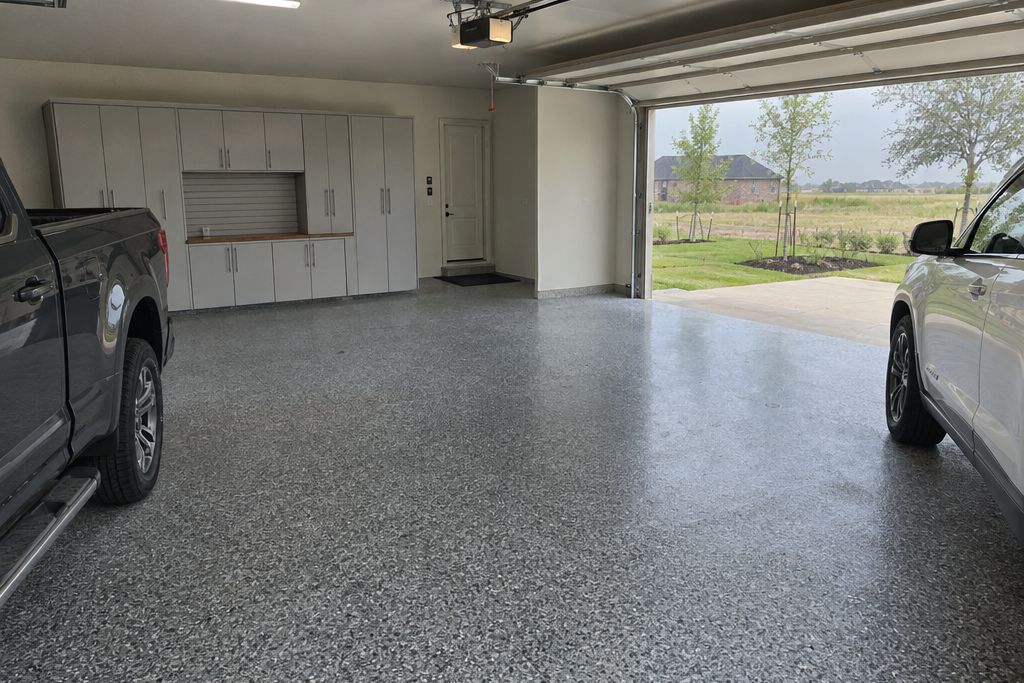 Three-car garage of a new two-story stone and brick house with a gray flake epoxy floor