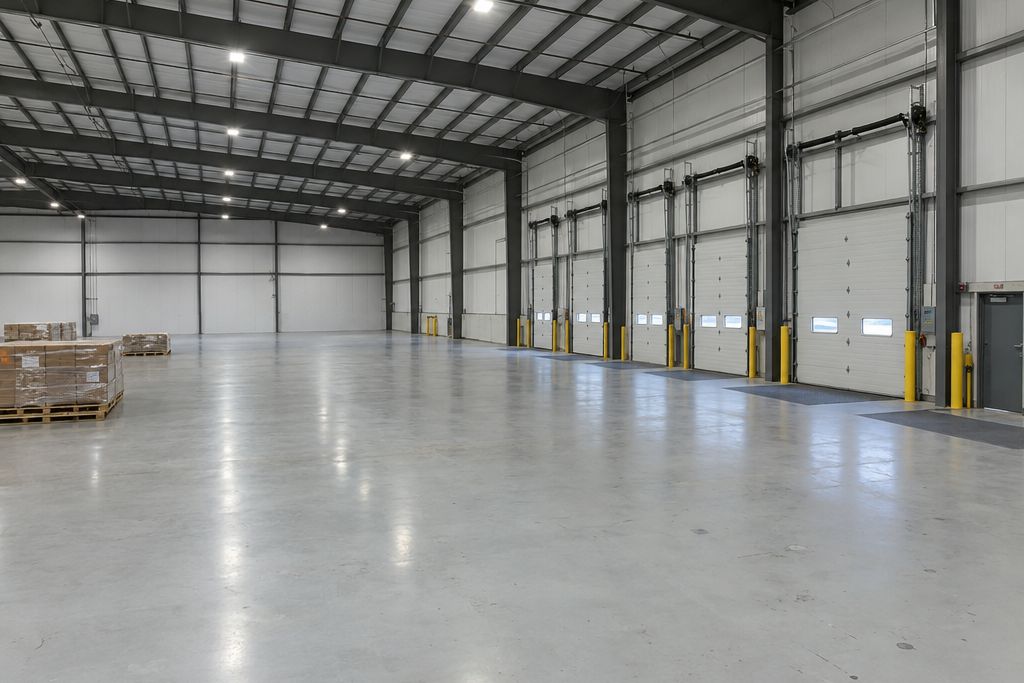 New business park warehouse with a fresh gray epoxy floor and dock doors