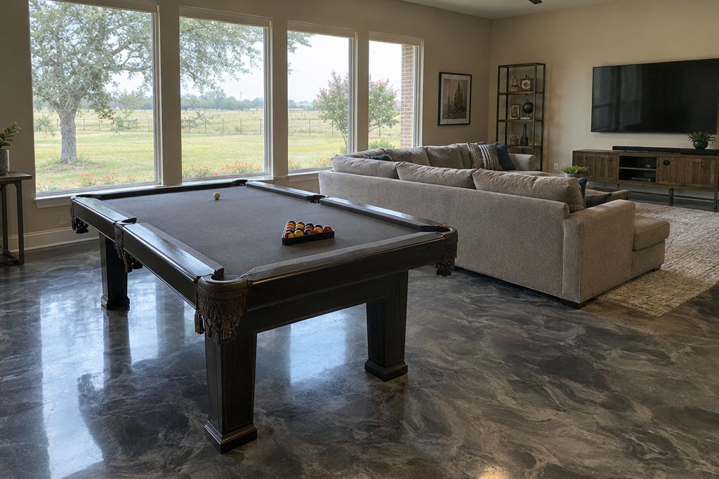 Game room in a large new house with a charcoal metallic epoxy floor