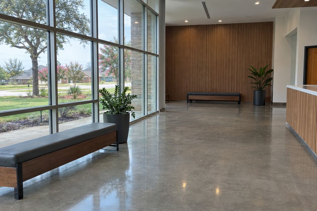 New civic building lobby with a polished concrete floor and wood accents