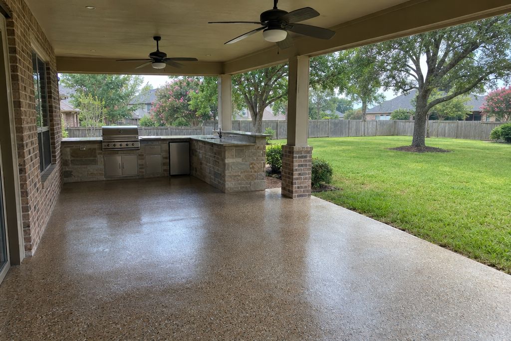 Covered patio of a new house with a tan flake polyaspartic floor and an outdoor kitchen
