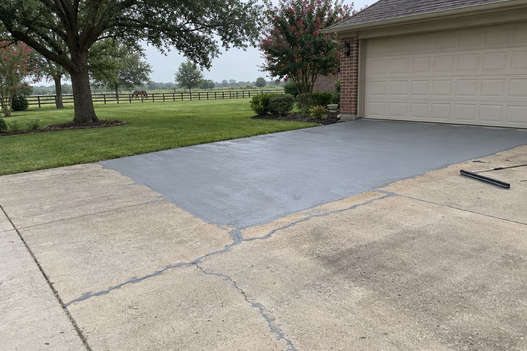 Driveway slab of a newer house with cracks repaired and a fresh resurfacer