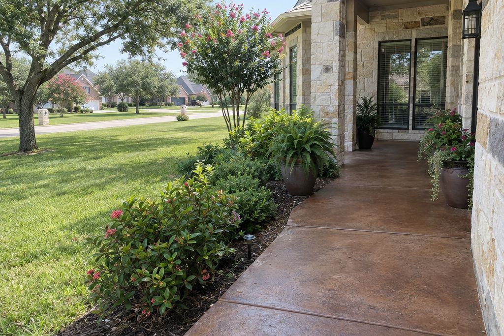 Front walkway and porch of a new stone house with a cedar-brown stained concrete finish and potted plants