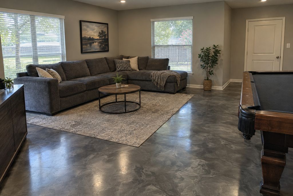 Game room in a converted garage with a pewter-gray metallic epoxy floor showing soft swirls, a couch and part of a pool table