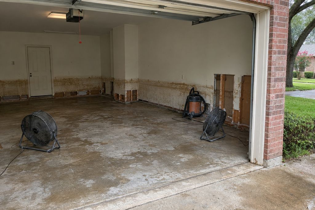 Garage after a flood with a muddy waterline stain on the drywall and fans drying the bare concrete slab