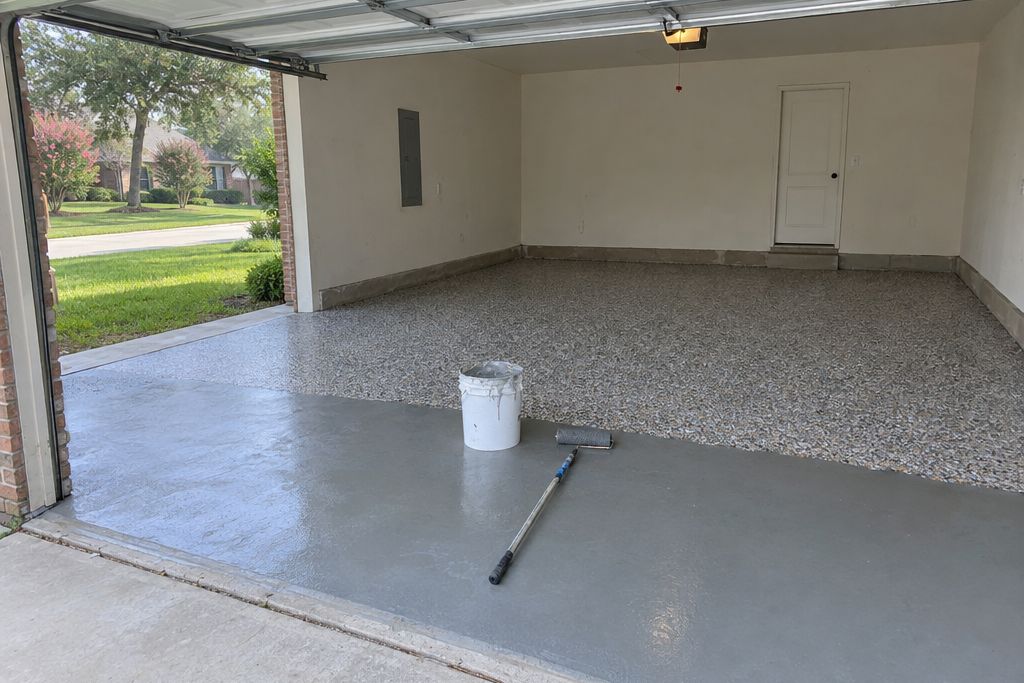 Garage floor partway through a flake coating: one half covered with broadcast gray and tan flakes, the other half primed bare concrete
