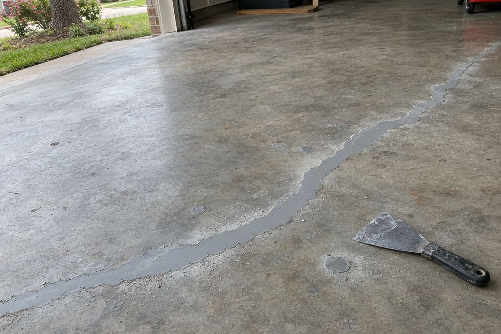 Close view of a ground garage slab where a long crack has been routed out and filled with gray repair filler, with a putty knife beside it