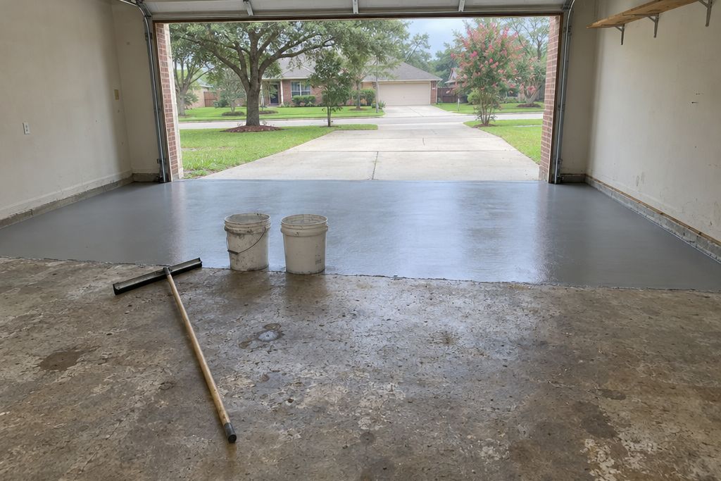 Garage slab half covered with a fresh smooth gray cement resurfacer and half old pitted concrete, with a squeegee and buckets