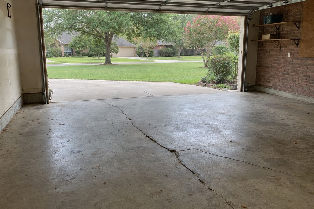 Garage slab with a long crack across it and one edge slightly raised, seen from the open door of a brick house