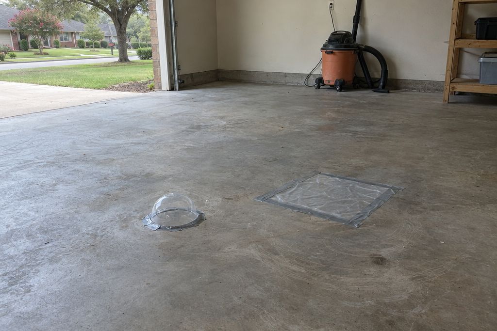Bare garage concrete with a small clear plastic test dome sealed to the slab and a taped plastic sheet nearby, the slab ground smooth
