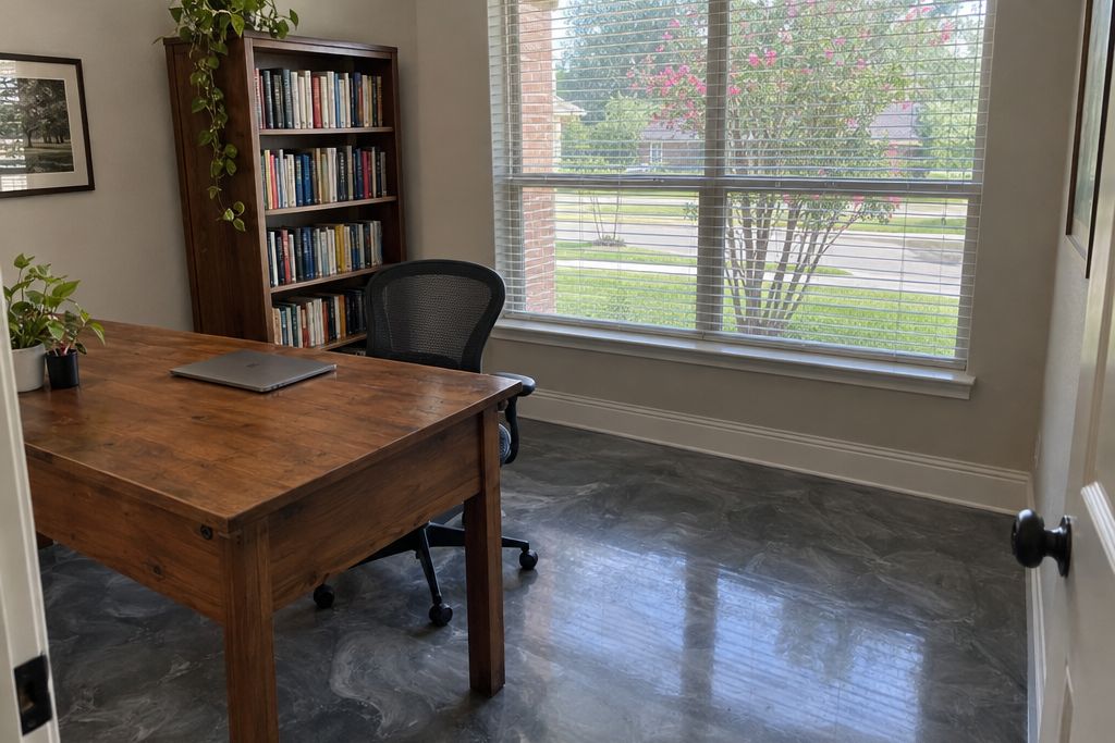 Home office on a ground-floor slab with a charcoal metallic epoxy floor, a desk and chair, and a window onto a suburban street