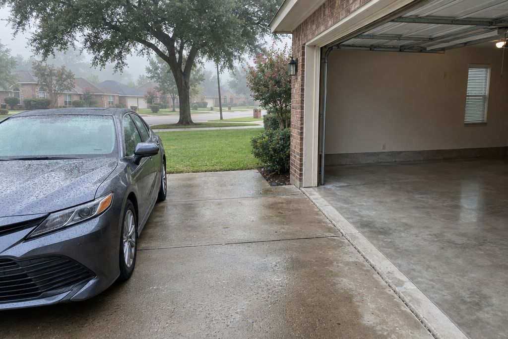 Open garage on a humid morning with a freshly ground bare concrete slab inside and dew beading on the driveway and a parked car outside