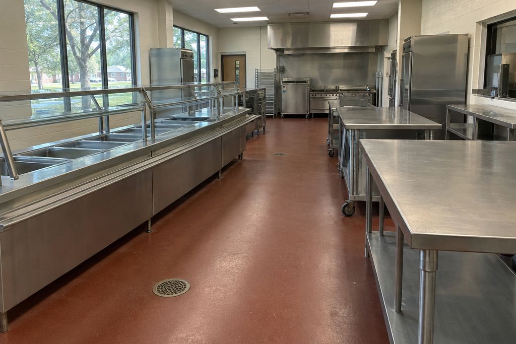 School cafeteria kitchen with a red-brown urethane cement floor and stainless equipment