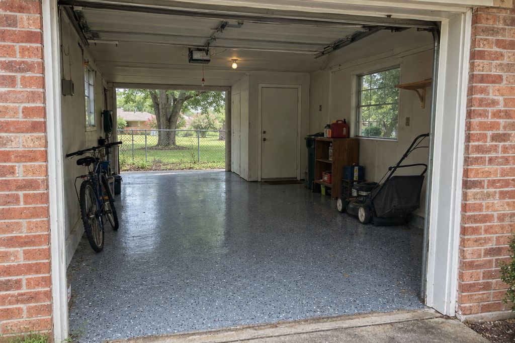 Garage of a 1950s small brick house in old Katy with a gray flake epoxy floor