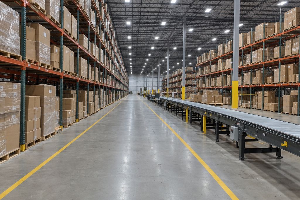 Huge distribution center interior with a gray floor and long aisles of pallet racks