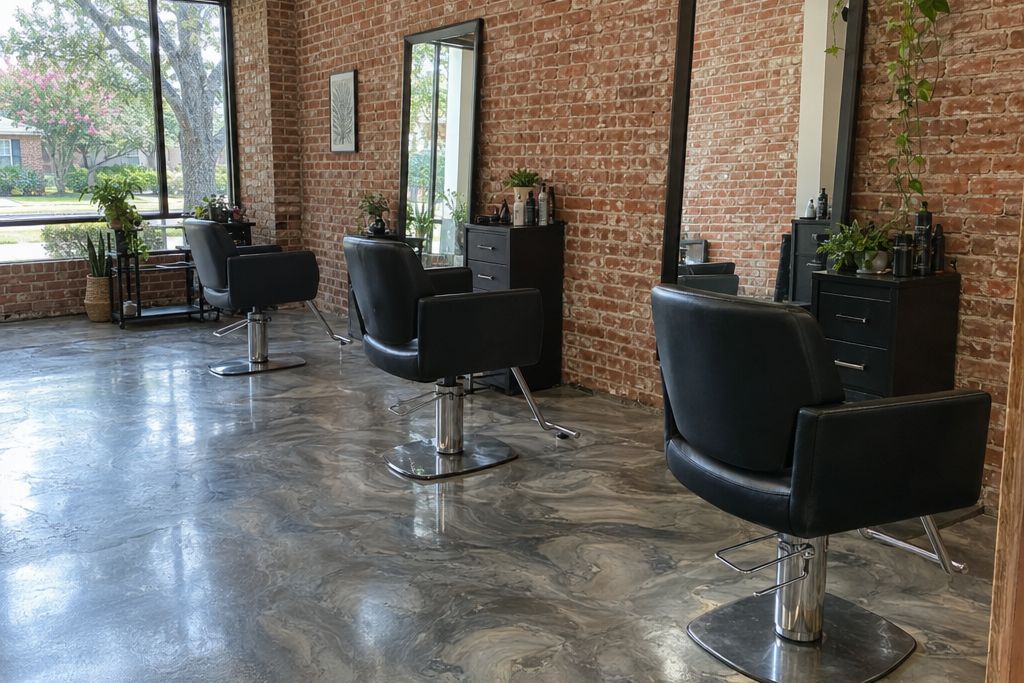 Historic downtown salon space with a pewter metallic epoxy floor and brick walls