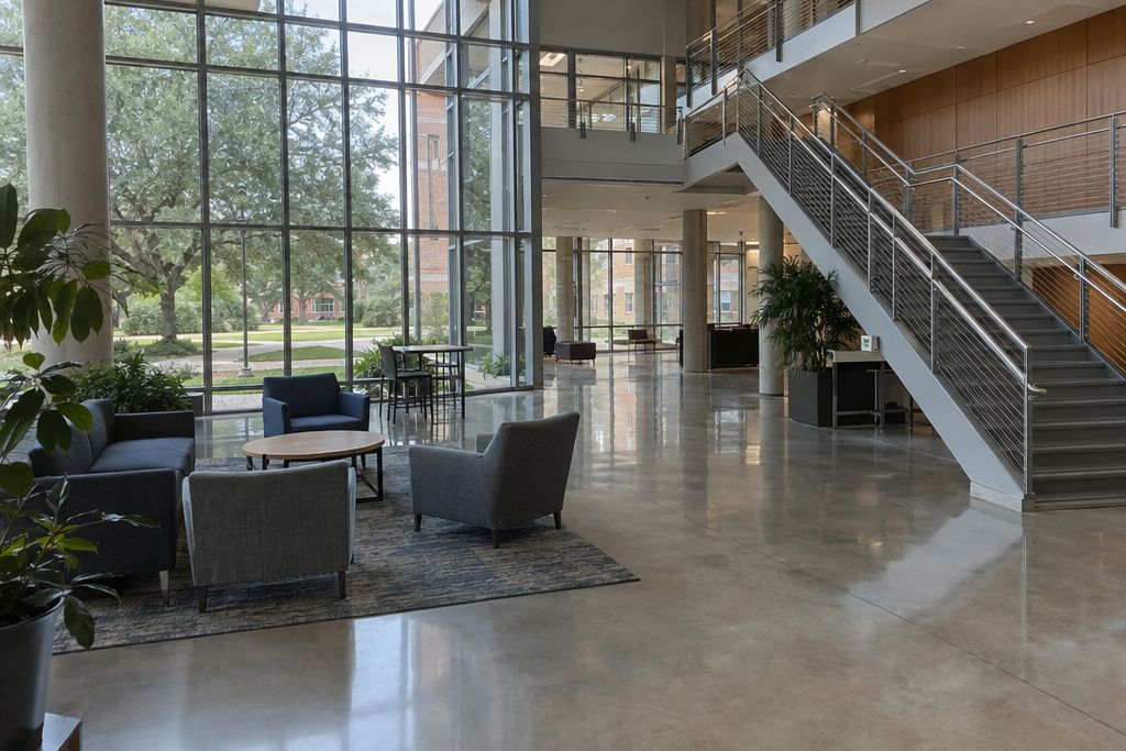 Atrium of a three-story university campus building with a polished concrete floor, an open stair and daylight through glass