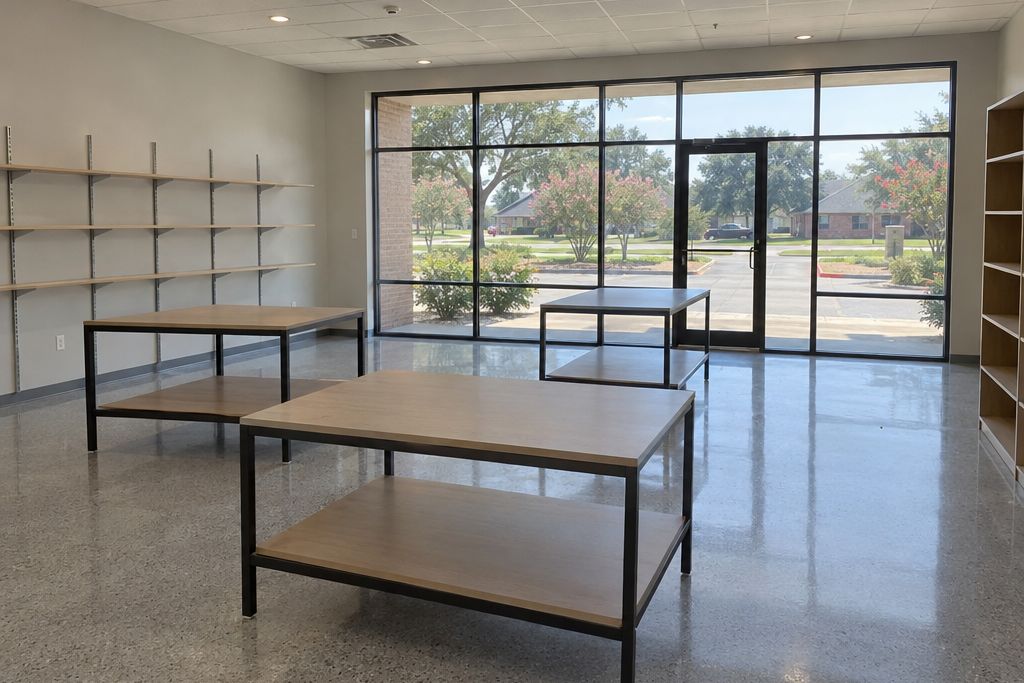 Retail shop floor with a light gray polyaspartic flake coating near a glass storefront