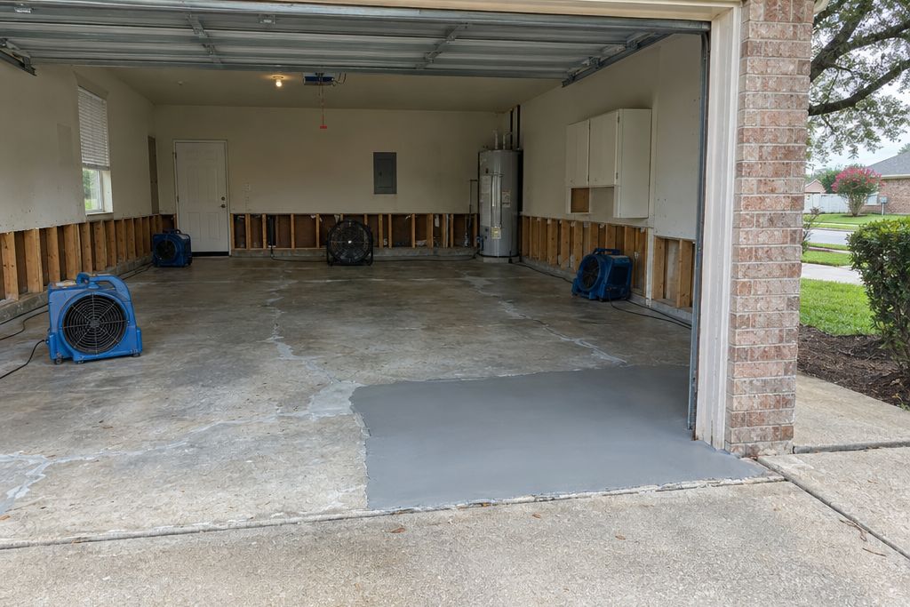 Garage slab after flooding being resurfaced, with drywall cut out and fans