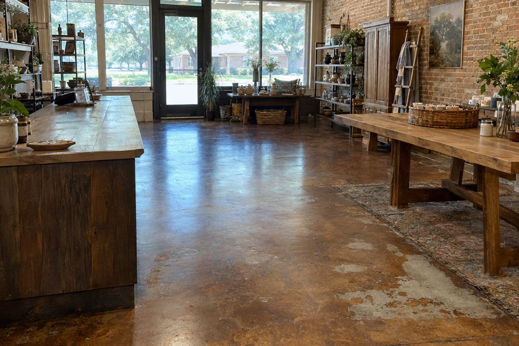Older downtown commercial building interior with a rust-brown stained concrete floor, exposed brick walls and wooden counters