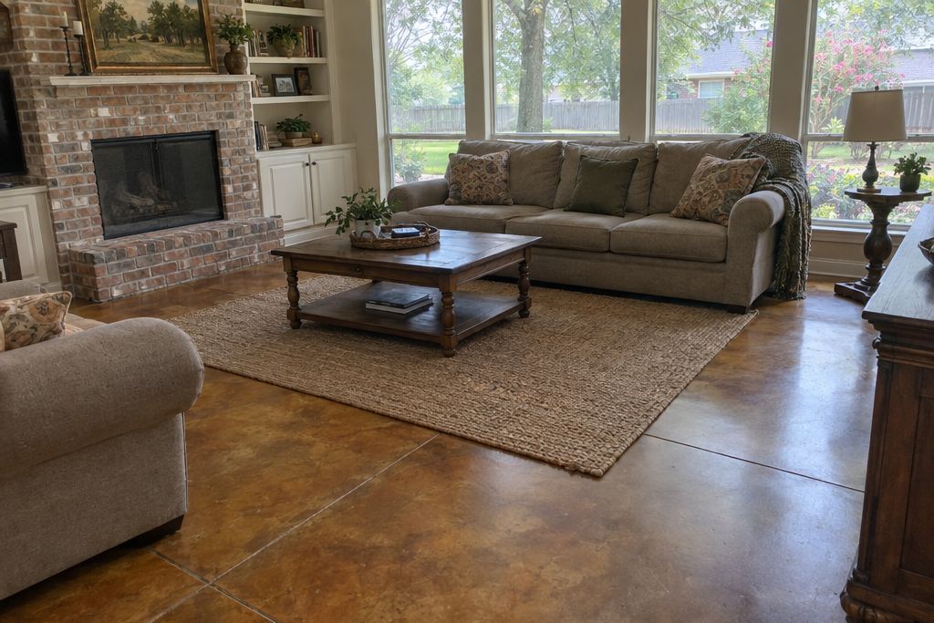 Living room of a brick suburban house with an amber and brown acid-stained concrete floor, a rug and a sofa in daylight