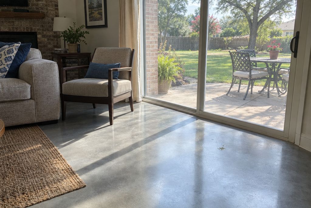 Gray metallic epoxy floor beside a sliding glass door with sunlight across it, a few fine scuffs and a small water spot