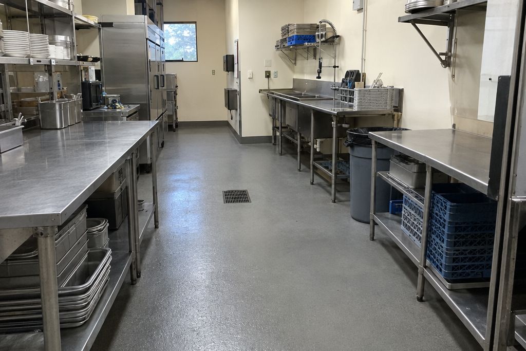 Small strip-center restaurant kitchen with a gray urethane cement floor, coved base and stainless equipment