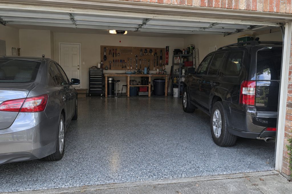 Two-car garage of a 1980s brick ranch house with a gray flake epoxy floor and two cars partly in frame