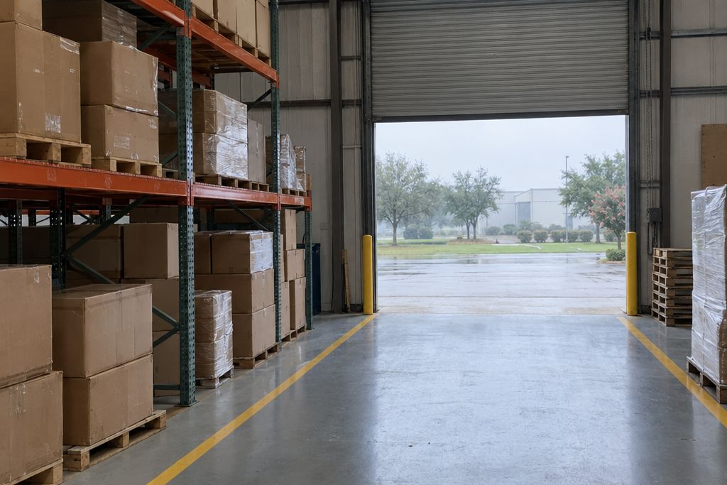 Interior of a tilt-wall business park warehouse with a gray coated floor and yellow lane striping