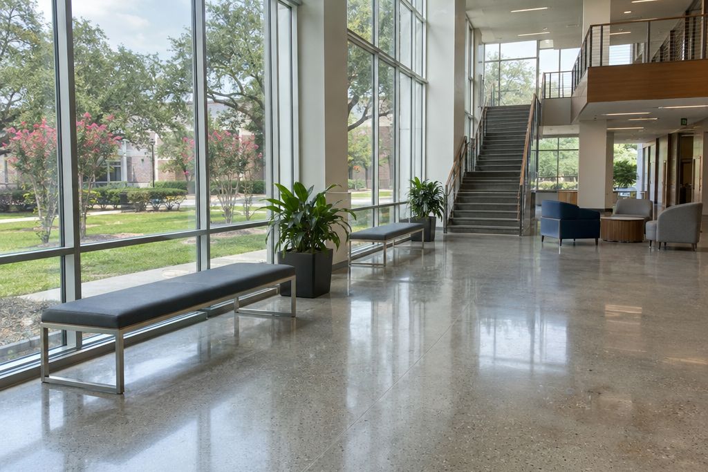 College building lobby with a polished concrete floor, benches and daylight through a glass wall