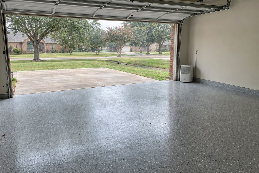 Garage of a brick house with a fresh light gray polyaspartic flake floor and the door open to a flat street