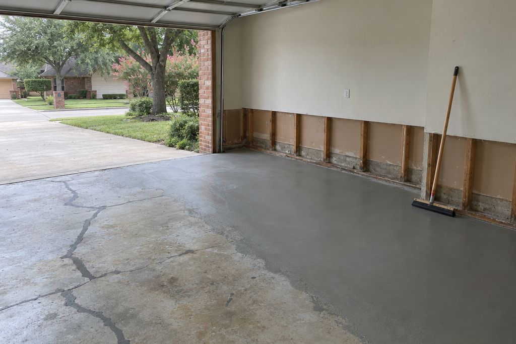 Garage slab with crack repairs and a partly applied gray resurfacer after flood cleanup