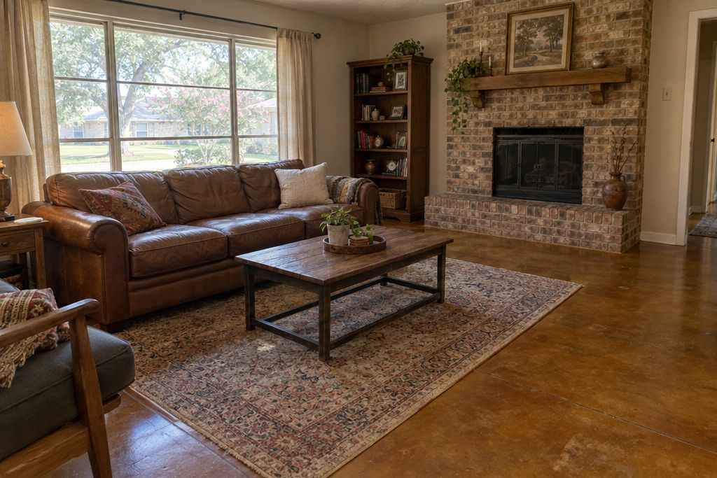 Older brick house living room with a brown stained concrete floor where carpet used to be