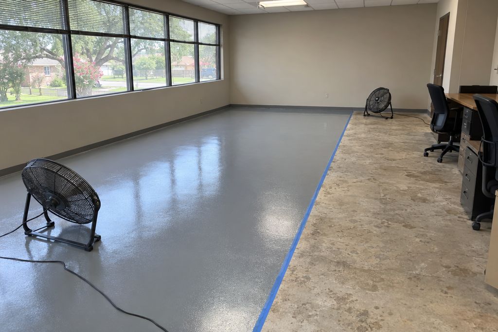 Office suite with half the floor freshly coated in gray epoxy, floor fans set out and furniture moved to one side