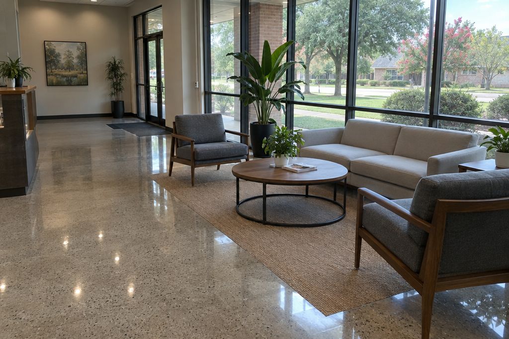 Office lobby with a medium-gloss polished concrete floor showing fine aggregate, potted plants and low reflections