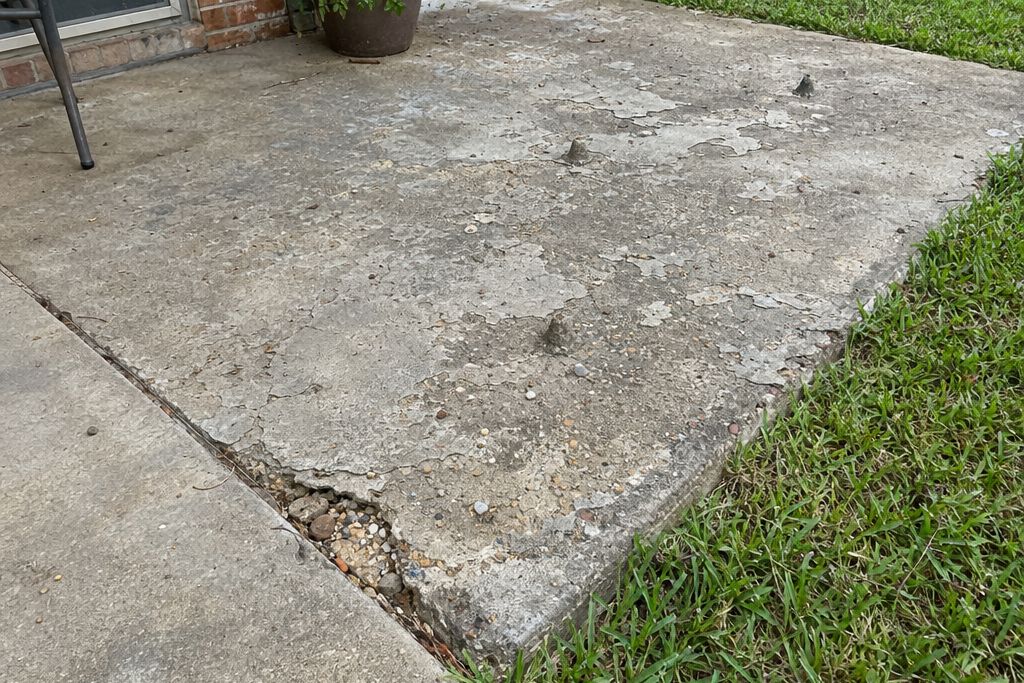 Close view of an old concrete patio slab with scaling, small spalls and popouts on its flaking surface