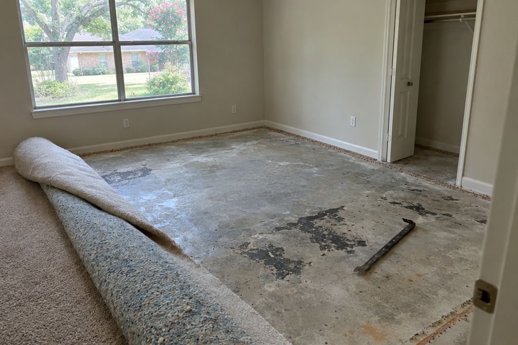 Room in an older house with carpet rolled back, exposing a concrete slab with tack strip holes and old black adhesive patches