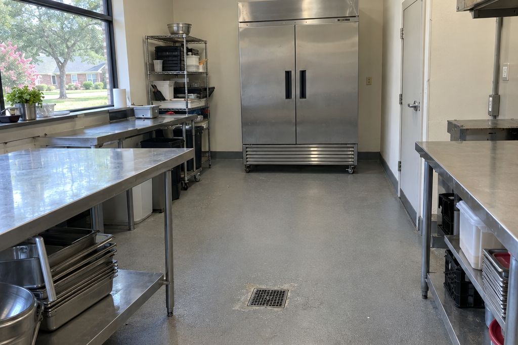 Small commercial kitchen with a gray urethane cement floor and stainless prep tables