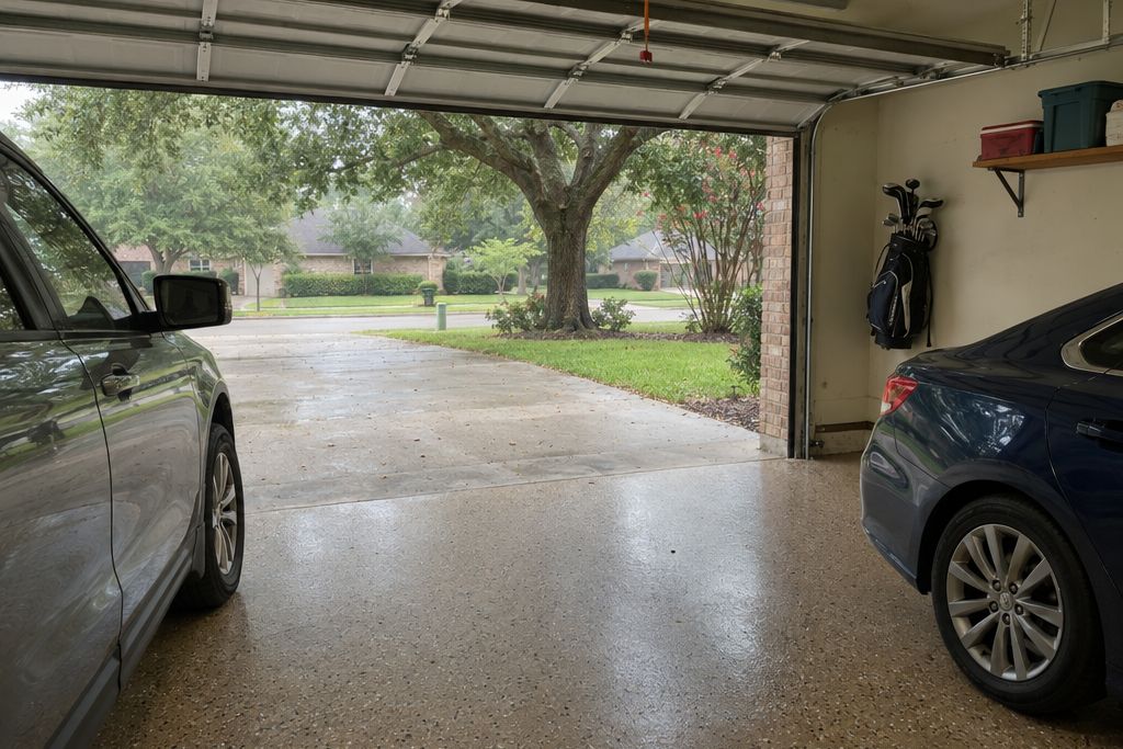 Two-car garage of a 1980s brick house with a tan flake floor, two cars and a pecan tree outside