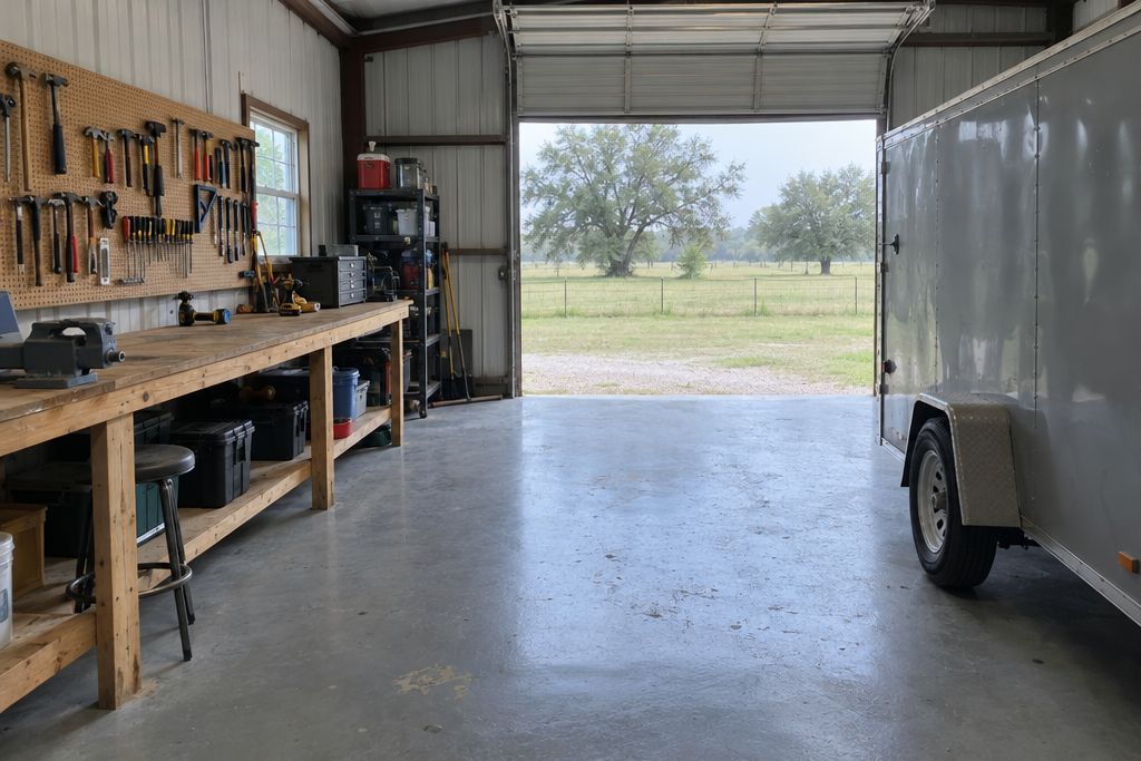 Owner's metal workshop building with a gray epoxy floor, a workbench and a tractor partly in frame