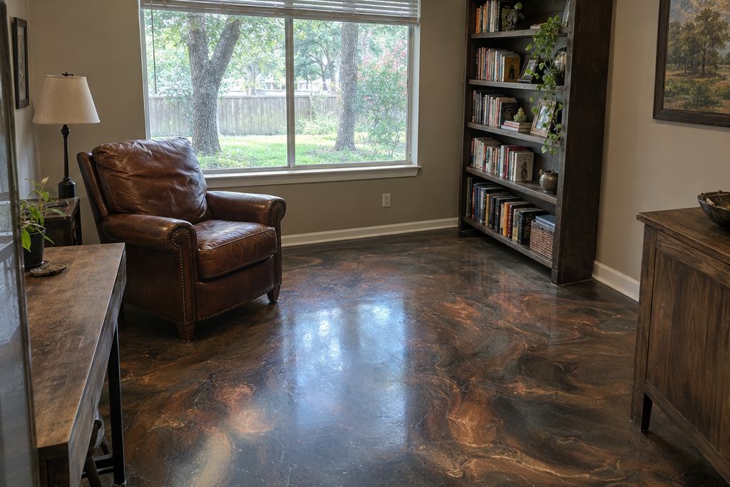 Converted garage den in an older brick house with a copper-toned metallic epoxy floor